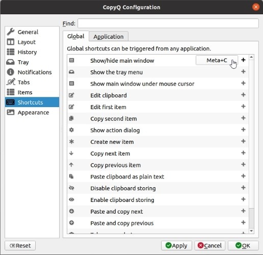 Copyq Portapapeles Turbo Boost Mostrar acceso directo a la ventana principal