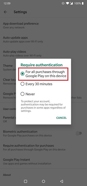 Cómo evitar el gasto excesivo en aplicaciones Menú de autenticación de Play Store