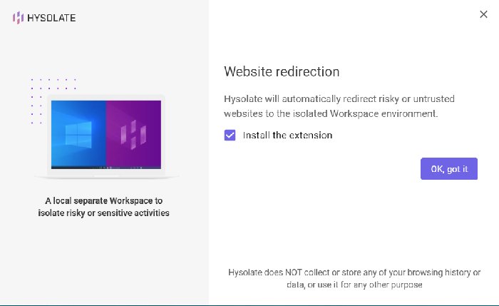 Redirección del sitio web de la extensión Hysolate