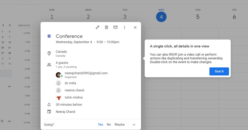 Opciones de eventos del calendario de Google