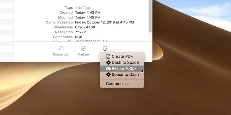 Creación y uso de acciones rápidas en macOS Mojave