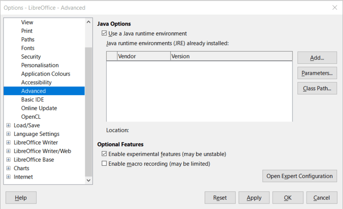 Imagen que muestra la sección Avanzado del menú de herramientas de LibreOffice 7.