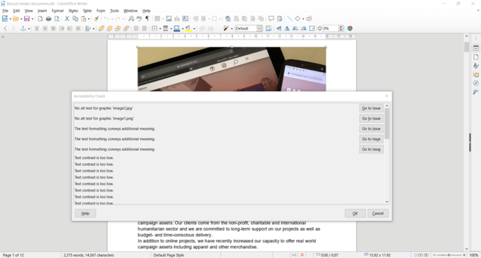 Captura de pantalla que muestra el comprobador de accesibilidad en LibreOffice 7.