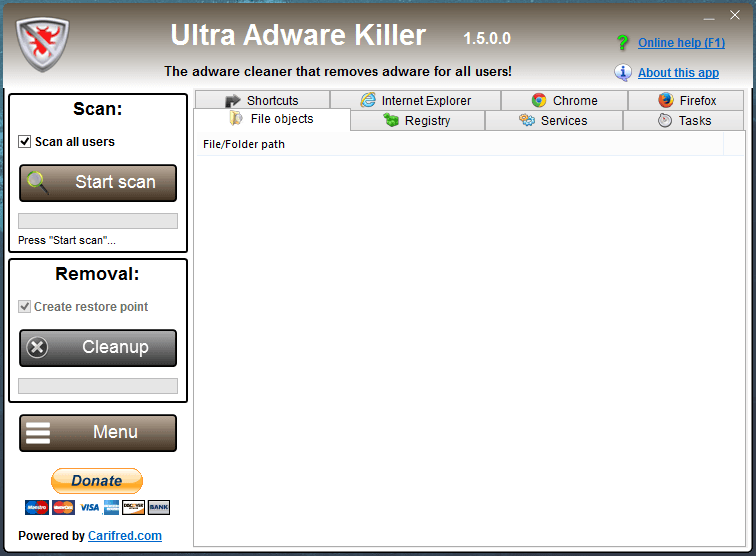 Pantalla de inicio de Ultra Adware Killer