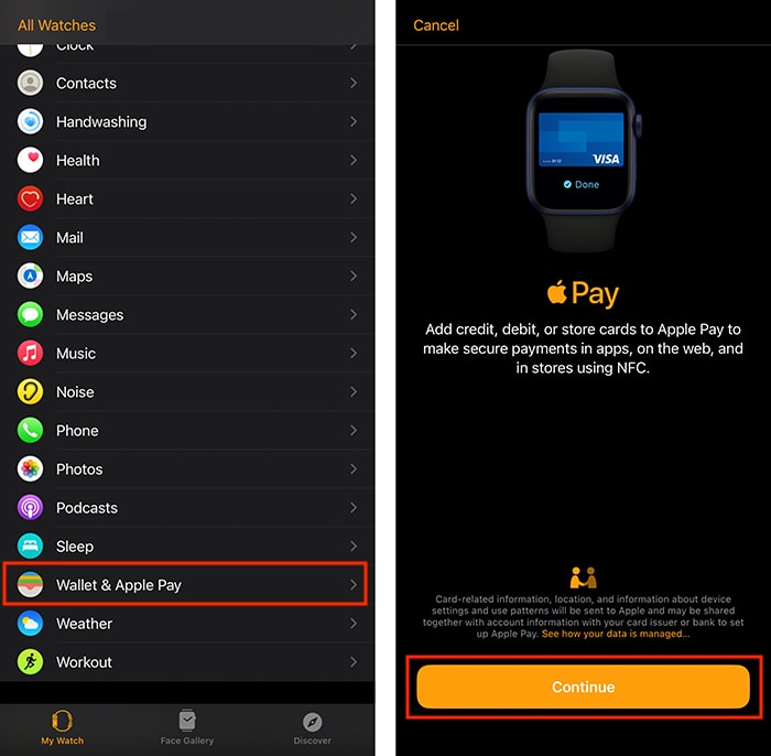 Configuración de la pantalla de introducción de Apple Pay Watch