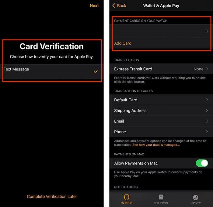 Configurar la verificación de la tarjeta Apple Pay Apple Watch