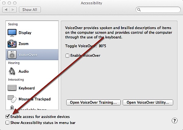 Habilite el acceso para dispositivos de asistencia en Mac OS X.