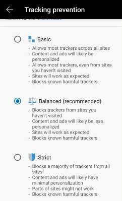 Opciones de protección de Edge Tracker Android