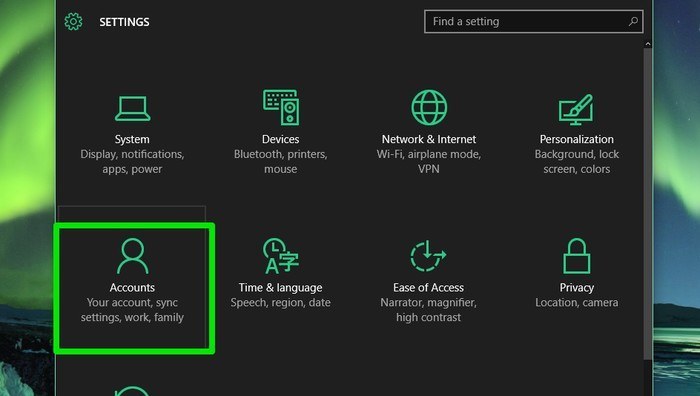 Opción de cuentas de Windows 10