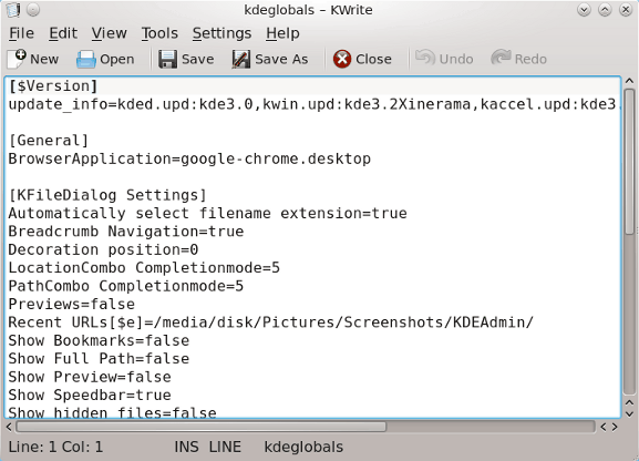 archivo de configuración kdeglobals en KWrite