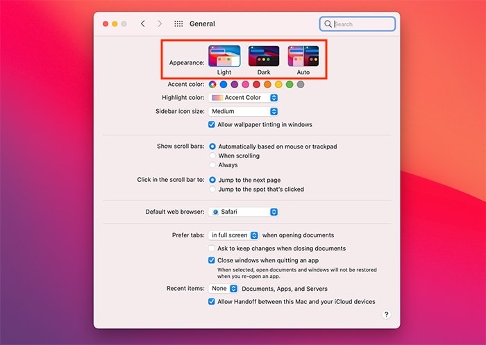 Aspecto de las preferencias del sistema del modo oscuro de Macos