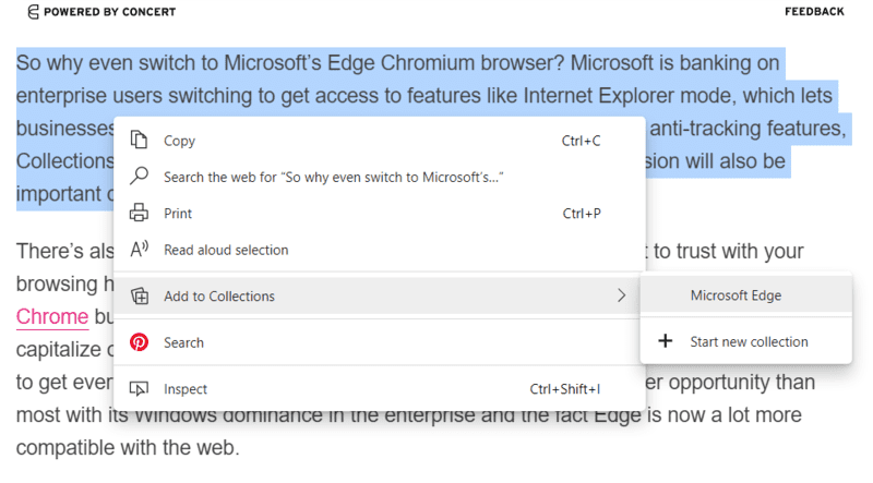 Colecciones de Microsoft Edge Texto a colección Clic