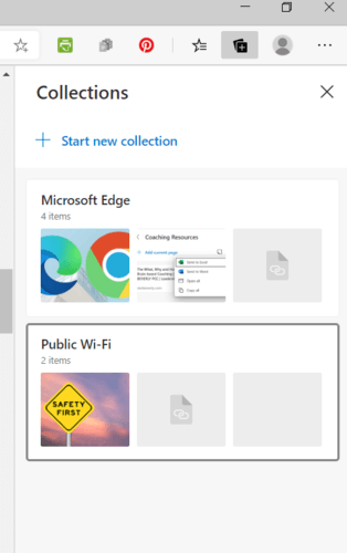 Pantalla de inicio de colecciones de Microsoft Edge