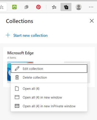 Menú Editar colección de colecciones de Microsoft Edge