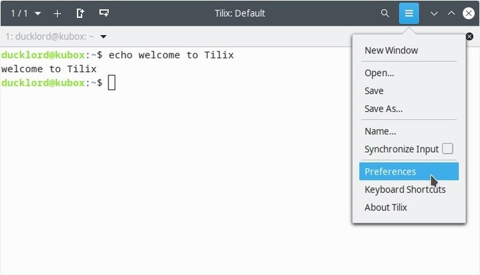 Terminal actualizado con preferencias de menú Tilix Hamburger