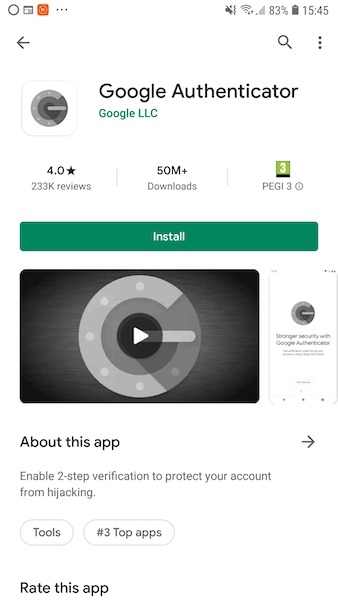 Puede descargar la aplicación Google Authenticator de forma gratuita desde Google Play.