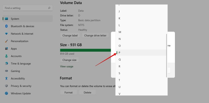 Letra de unidad de datos de volumen