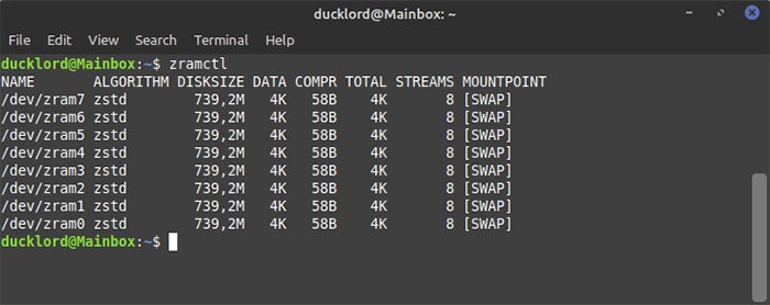 Configure Zram en Ubuntu Zramctl Verifique los intercambios nuevamente