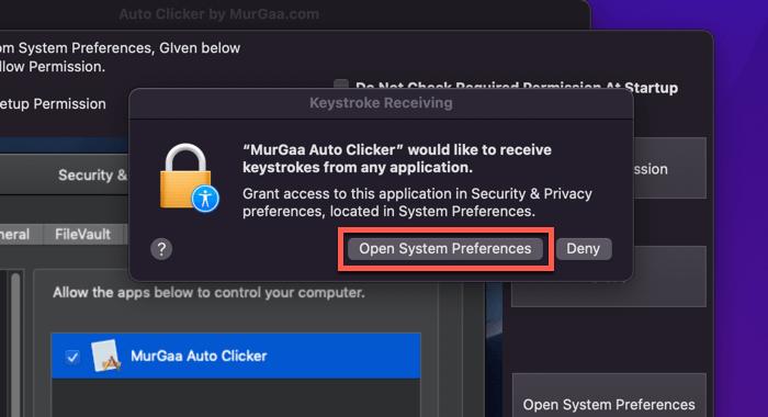 Abra las Preferencias del sistema para otorgar permisos de Autoclicker
