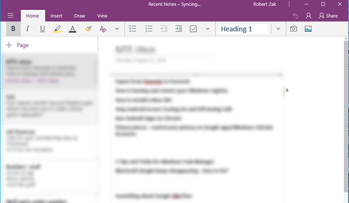 interfaz principal de onenote