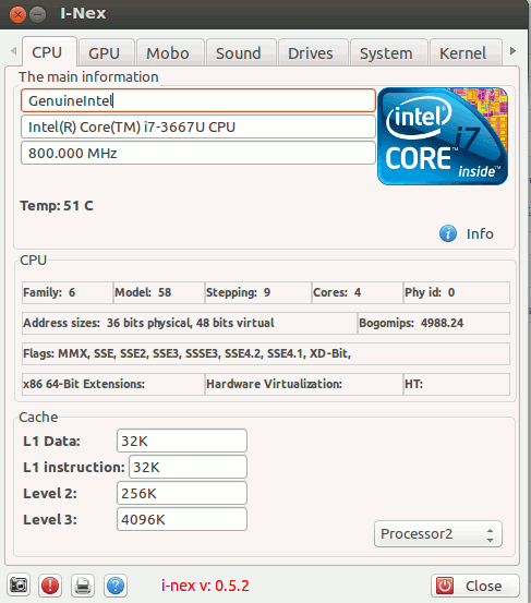 I-Nex mostrando información de la CPU en Linux