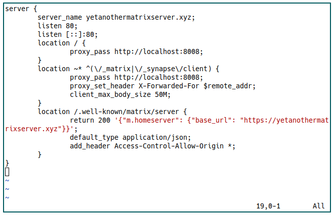 Configuración Nginx de ejemplo de Matrix Server 19