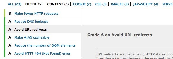 Resultado de la prueba YSLow - Filtrar por