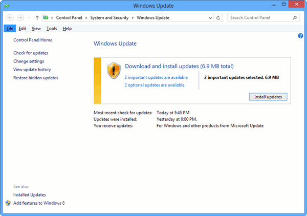 panel de control de actualizaciones de Windows