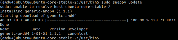 Actualice Ubuntu Snappy Core con: sudo snappy update.