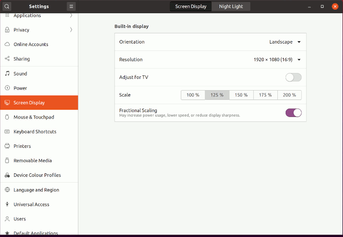 La configuración de Ubuntu muestra el escalado fraccional