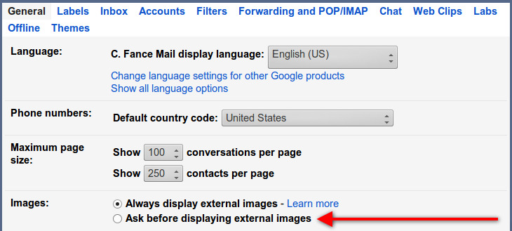 Haga que Gmail pregunte primero antes de mostrar imágenes externas en sus mensajes de correo electrónico.