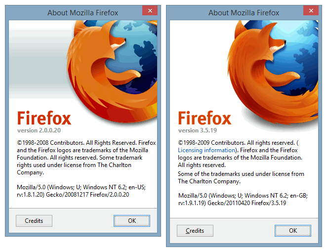 Firefox Legacy Acerca de la información.