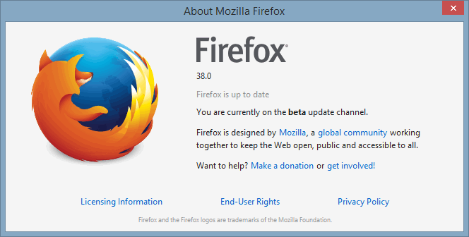 Firefox beta Acerca de la información.