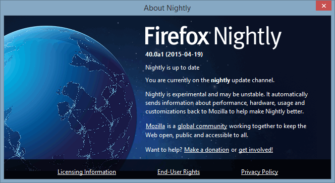 Firefox todas las noches Acerca de la información.