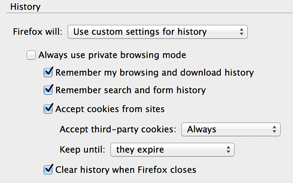 Seleccione 'Borrar historial cuando cierre Firefox'.