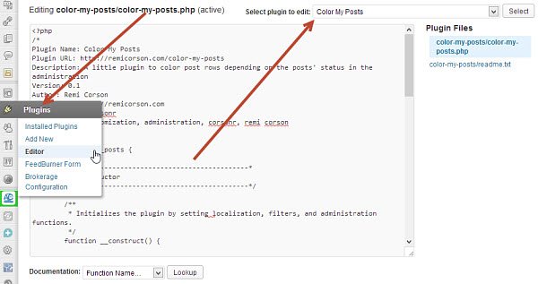 Vaya al editor de complementos y seleccione el complemento Color My Posts.