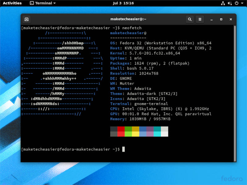 Control de calidad de Linux Fedora Neofetch