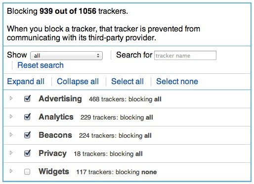 Elige qué elementos bloquear en Ghostery.