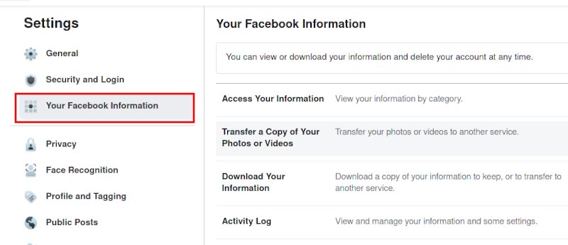 Información de acceso a Facebook