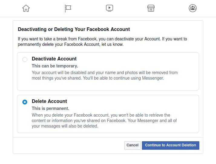 Opción de eliminación de cuenta de Facebook