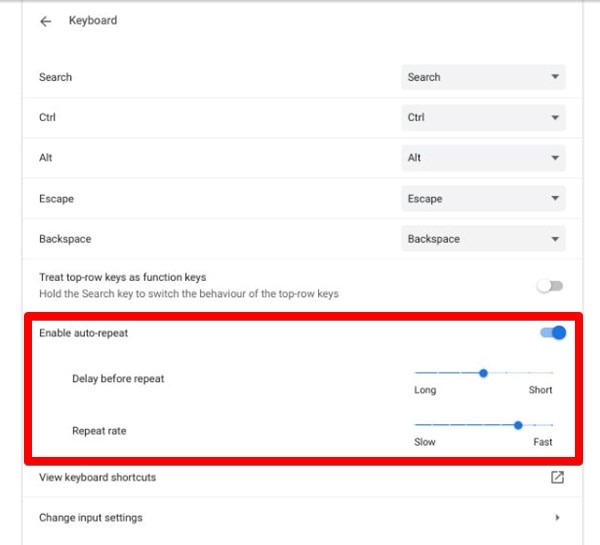 Significado de la repetición automática del teclado de Chromebook