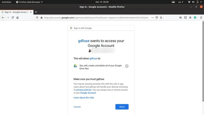 permitir el acceso de gdfuse para almacenar archivos de copia de seguridad en Google Drive