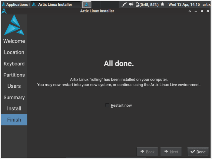 Instalación de Artix Linux 18 finalizada