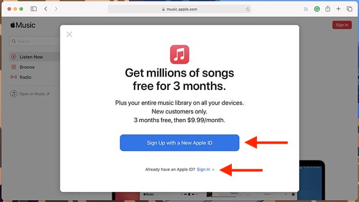 Registro de prueba de Apple Music desde la aplicación en línea