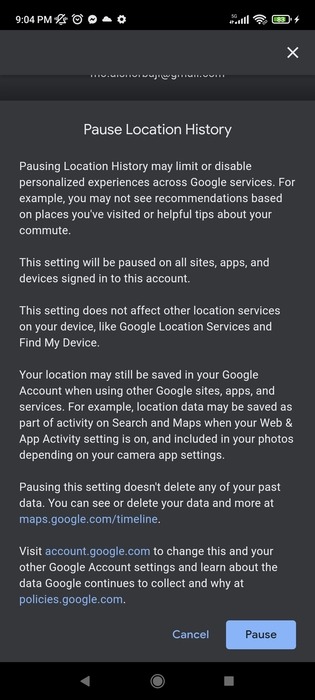 Ubicación de Google Deshabilitar Historial de ubicaciones Pausa móvil