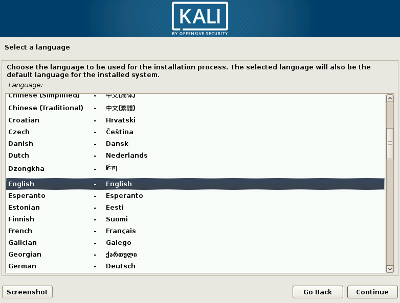 Pantalla de selección de idioma de Kali Linux