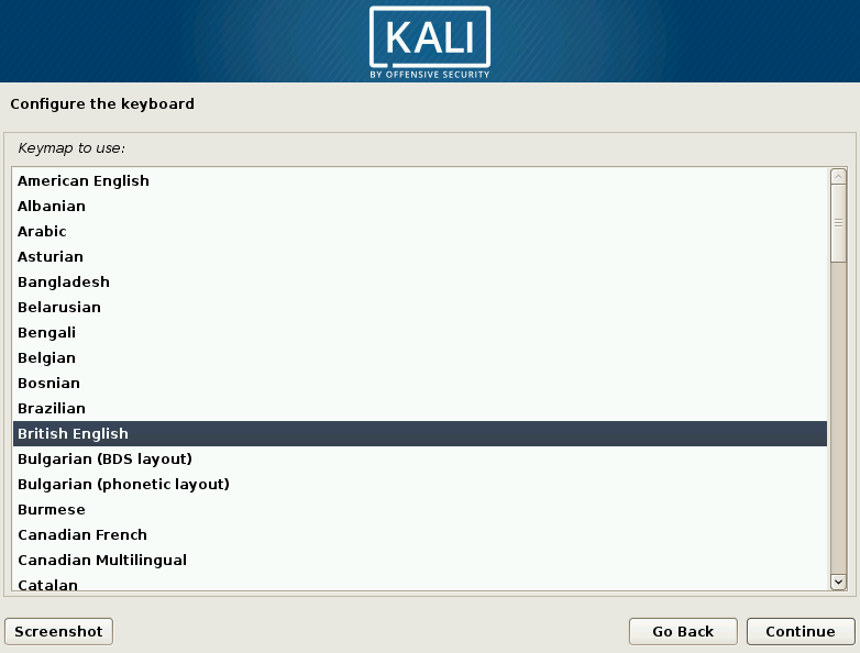 Kali Linux Elija la pantalla del teclado