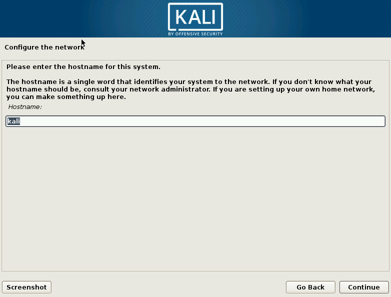 Kali Linux Elija la pantalla de nombre de host