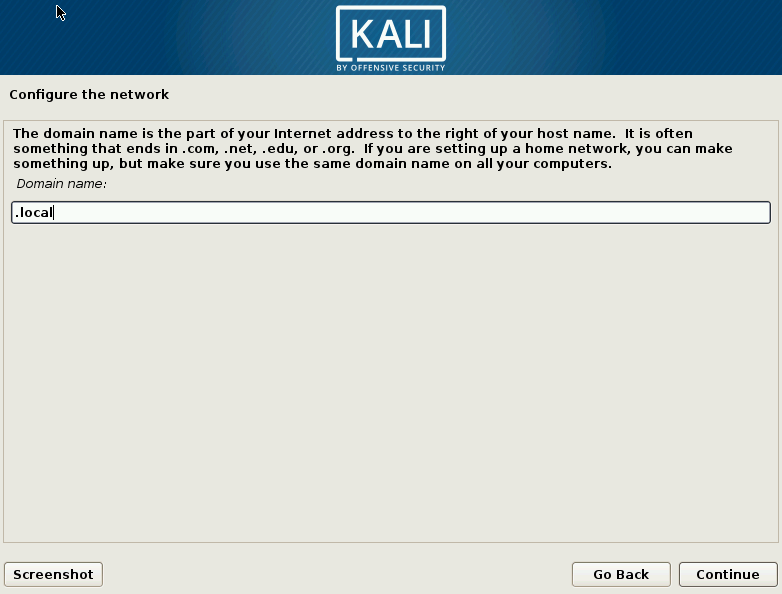 Kali Linux Elija la pantalla de nombre de dominio