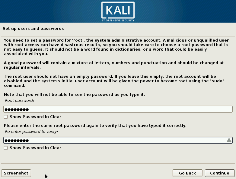 Kali Linux Elija la pantalla de contraseña raíz